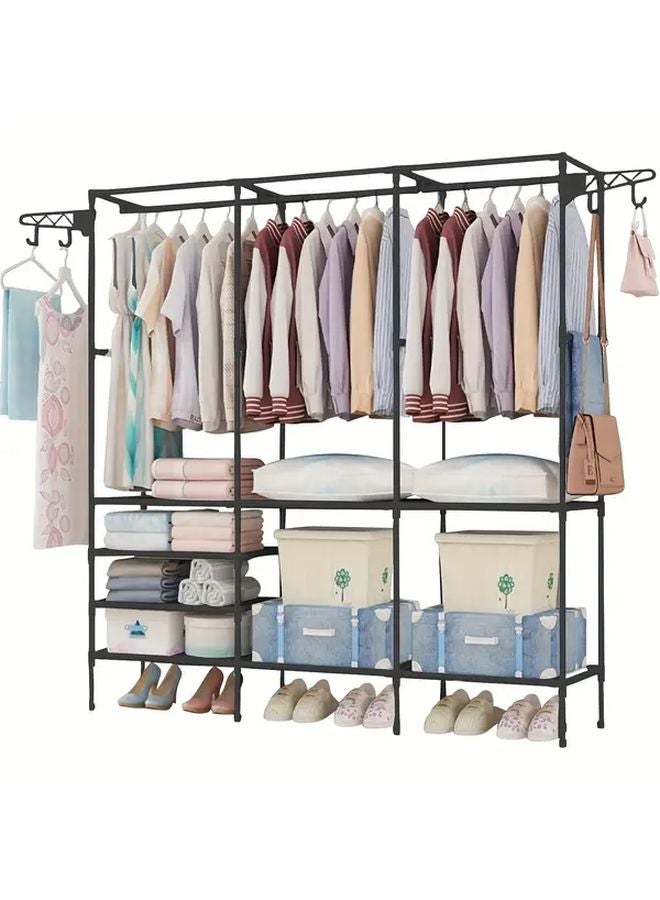 Four Row Black Portable Wardrobe Freestanding Metal Closet With 10 Compartments Rod And Shelf - Image 5